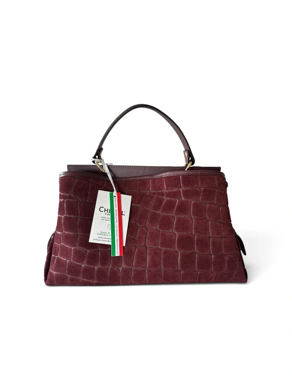 Structured Croc-Embossed Burgundy Suede Top-Handle Satchel
